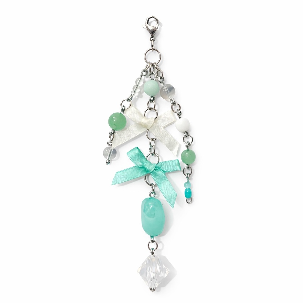 Mint Green Beaded Bow Charm - Bag Charm Keychain Zipper Pull - Y2K Cute Kawaii